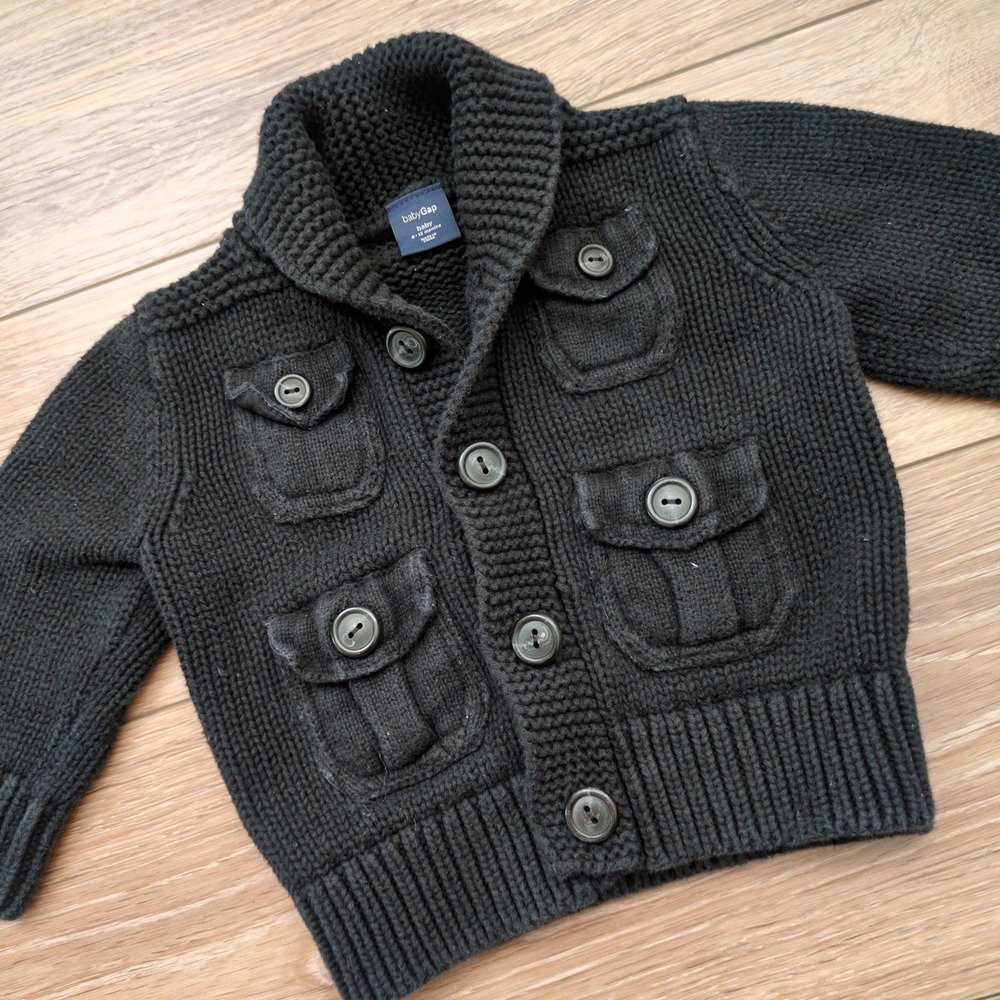 babyGap Knit Fisherman's Cardigan Sweater Black Shawl Collar Elbow Patches 6-12M